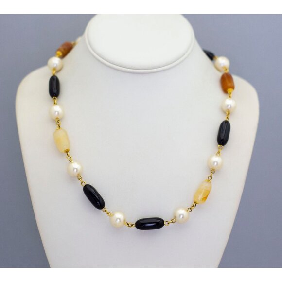 35 inch, Vintage Sophisticated Faux Pearl and Stones Beaded Necklace - CL1 - Picture 1 of 3